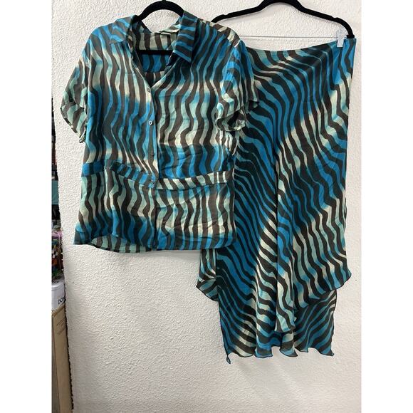 Vintage Peter Nygard Womens Sz 16 Blue Silk Abstract Striped Skirt & Blouse Set - Picture 1 of 16